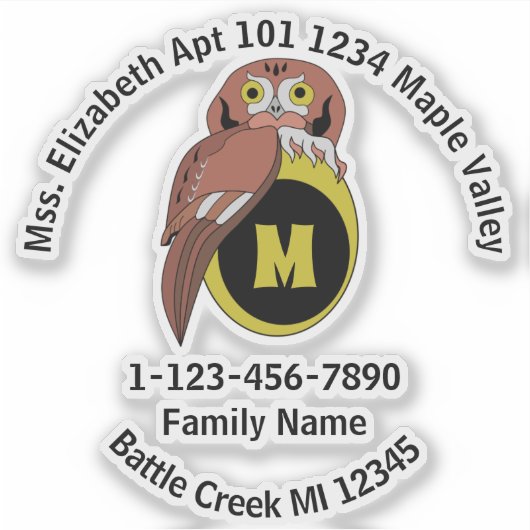 Funny Owl Monogram Contact Info Contour Sticker (Voorkant)