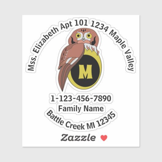 Funny Owl Monogram Contact Info Contour Sticker (Vel)