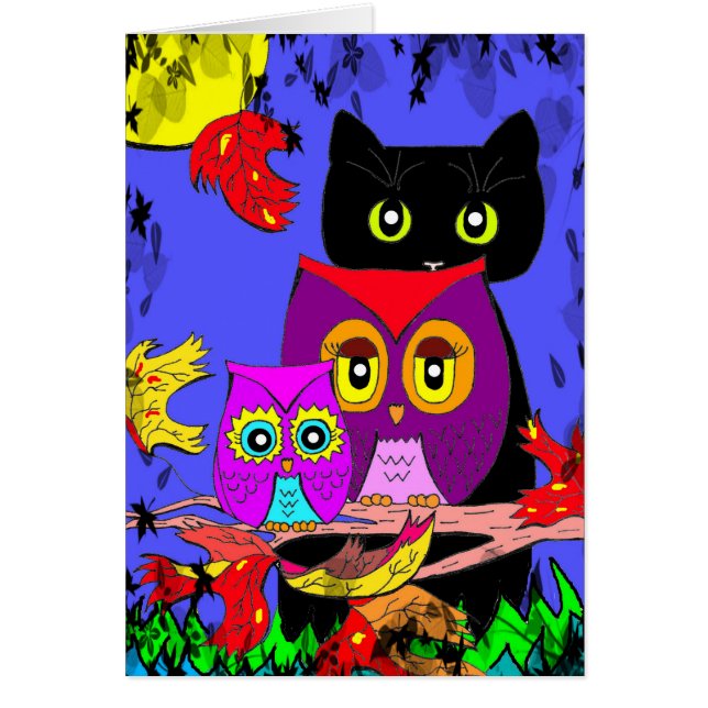 Funny Owls Black Cat Herfst Moon Creationarts (Voorkant)