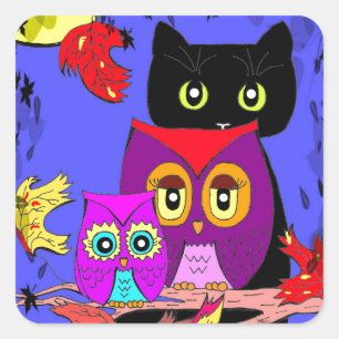 Funny Owls Black Cat Herfst Moon Creationarts Vierkante Sticker