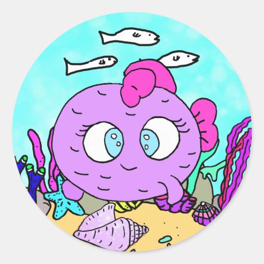 Funny Paars Fish Zee Creaty Beachy Ronde Sticker (Voorkant)