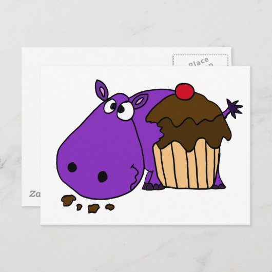 Funny Paars Hippo Eating Cupcake Briefkaart (Voorkant / Achterkant)