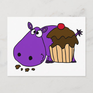 Funny Paars Hippo Eating Cupcake Briefkaart
