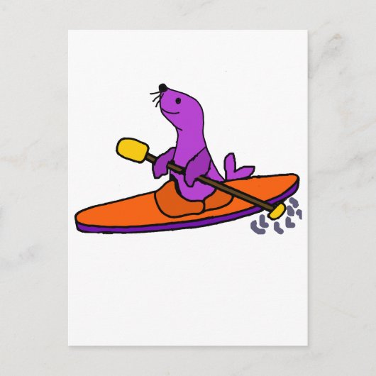 Funny Paars Seal Kayaking Cartoon Briefkaart (Voorkant)