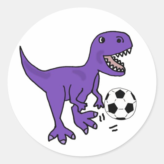Funny Paars T-rex Dinosaur Plays Soccer Ronde Sticker (Voorkant)
