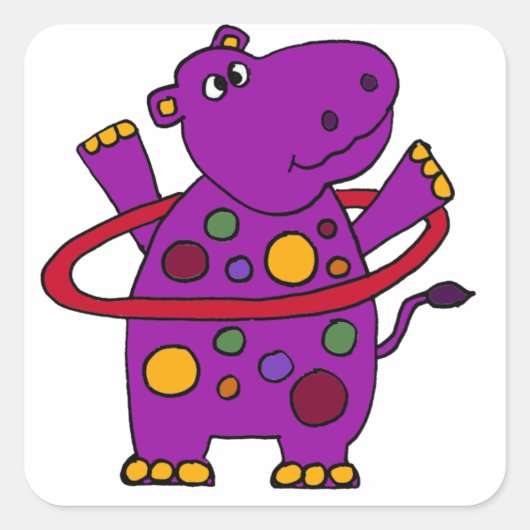 Funny Paarse Hippo Play Hula Hoop Vierkante Sticker (Voorkant)