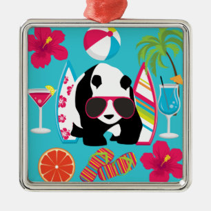 Funny Panda Beer Beach Bum Cool Sunbril Surfing Metalen Ornament