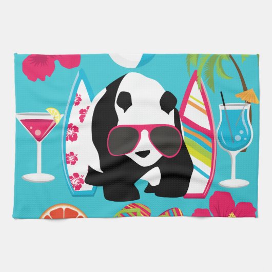 Funny Panda Beer Beach Bum Cool Sunbril Surfing Theedoek (Horizontaal)