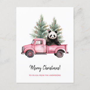 Funny Panda in Roze  Vrachtwagen Kerst Feestdagenkaart