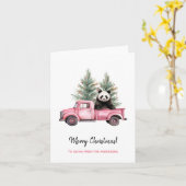 Funny Panda in Roze  Vrachtwagen Kerst Kaart (Gele Bloem)