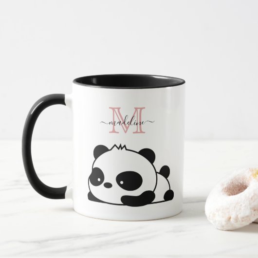 Funny Panda Modern Roze Monogram Mok (Met donut)