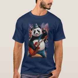 Funny Panda plays Rock and Roll on a Dark Blue T-shirt
