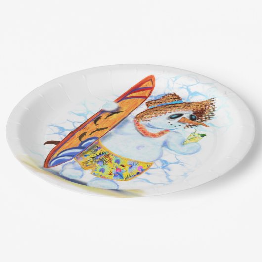 Funny Paper Borden Summer Party Snowman Surfer Papieren Bordje (Gekanteld)