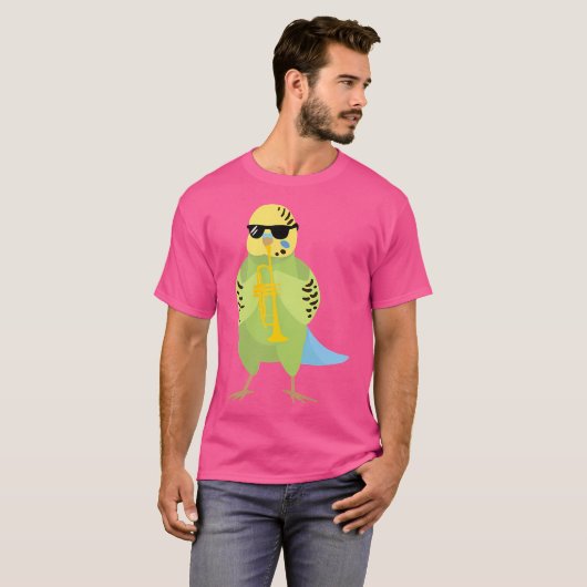 Funny Parakeet die zonnebril draagt die Trumpet sp T-shirt (Voorkant volledig)