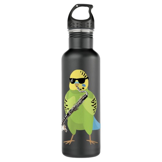 Funny Parakeet Wearing Sunglasses Playing Bass Cla Waterfles (Voorkant)