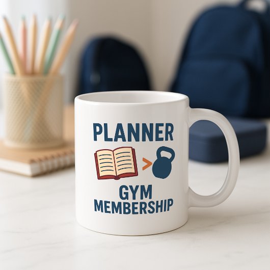 Funny Parent Mug; Funny Planner vs Gym Membership Koffiemok
