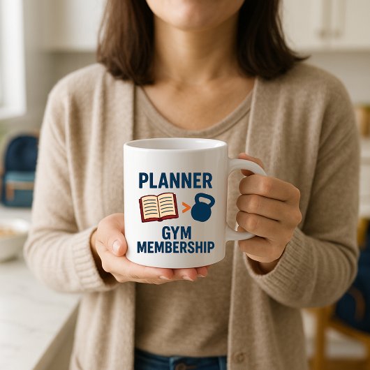 Funny Parent Mug; Funny Planner vs Gym Membership Koffiemok