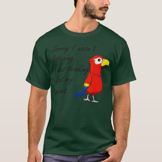 Funny Parrot denkt na over vogel T-shirt (Voorkant)