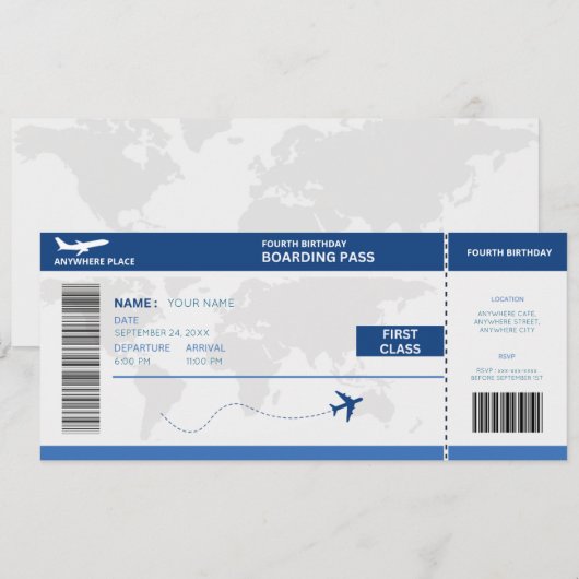 Funny passport, boarding pass ticket 4th birthday kaart (Voorkant / Achterkant)