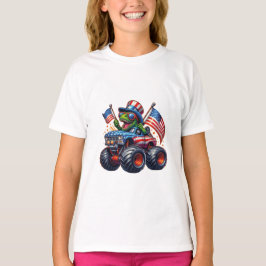 Funny Patriotic Dinosaur T Rex On Monster Truck  T-shirt