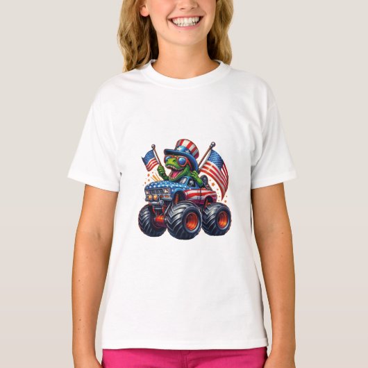 Funny Patriotic Dinosaur T Rex On Monster Truck  T-shirt (Voorkant)