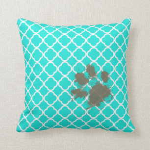 Funny Paw Print op Aqua Color Quatrefoil Kussen