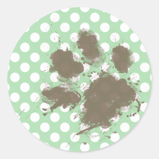 Funny Paw Print op Celadon Green Polka Dots Ronde Sticker (Voorkant)