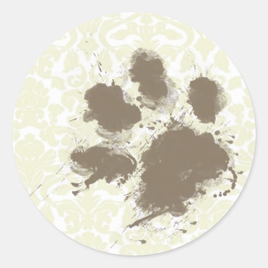 Funny Paw Print op het ivoren Damaserpatroon Ronde Sticker (Voorkant)