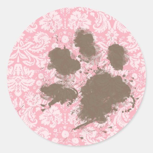 Funny Pawprint op Bubble Gum Pink Damask Ronde Sticker (Voorkant)
