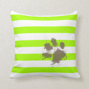 Funny Pawprint op Electric Lime Green Stripes Kussen