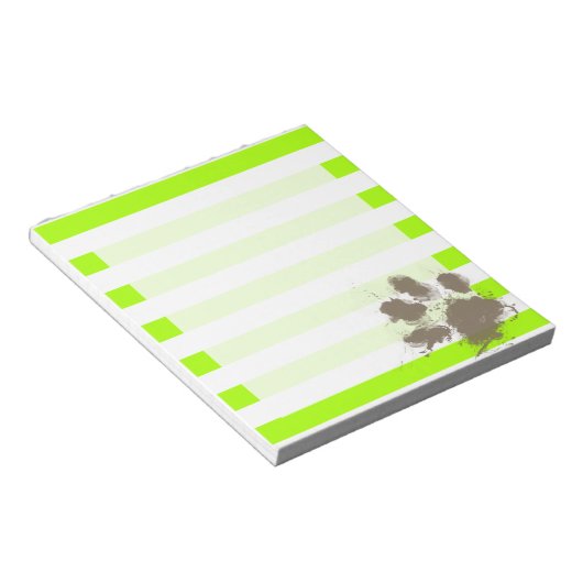 Funny Pawprint op Electric Lime Green Stripes Notitieblok (Schuin)