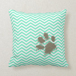 Funny Pawprint over Aquamarine Chevron Kussen