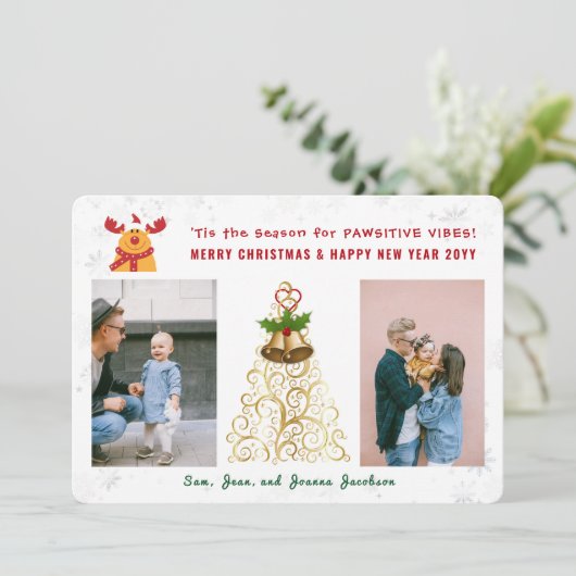 Funny Pawsitive Rudolph 2 foto's Schattige Modern Feestdagenkaart (Staand voorkant)