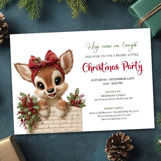 Funny peeking reindeer holiday kids party invites kaart