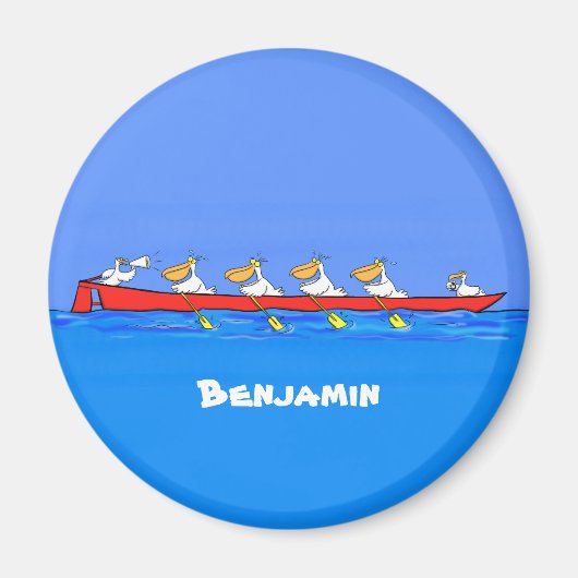 Funny pelican rowing team cartoon illustratie magneet (Voorkant)