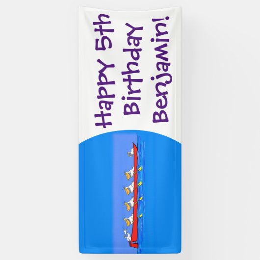 Funny pelican rowing team cartoon illustratie spandoek (Verticaal)