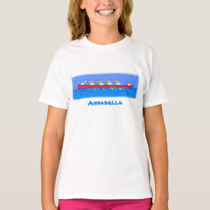 Funny pelican rowing team cartoon illustratie t-shirt