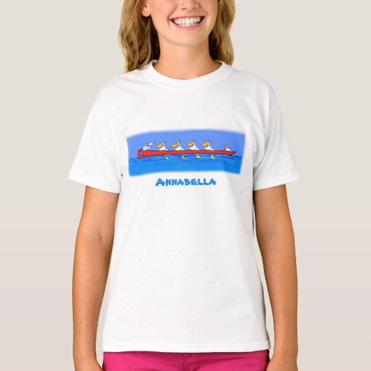 Funny pelican rowing team cartoon illustratie t-shirt (Voorkant)