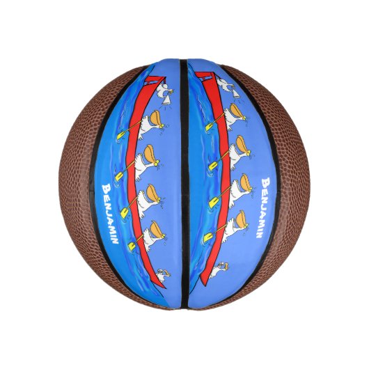 Funny pelicans rowing cartoon illustratie basketbal (Verticaal)