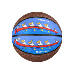 Funny pelicans rowing cartoon illustratie basketbal