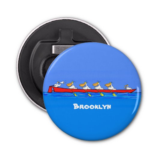 Funny pelicans rowing cartoon illustratie button flesopener (Voorkant)