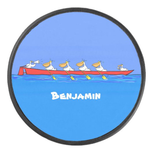 Funny pelicans rowing cartoon illustratie hockey puck (Voorkant)
