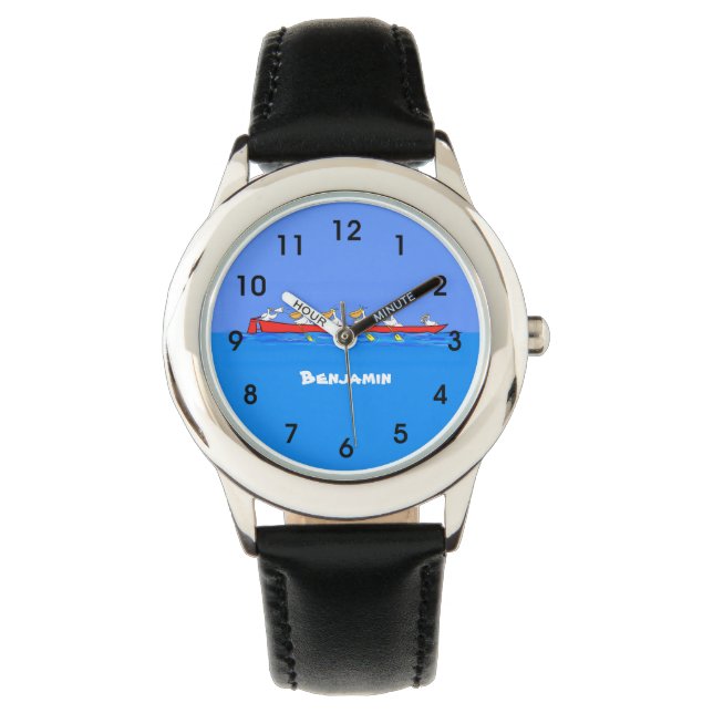 Funny pelicans rowing cartoon illustratie horloge (Voorkant)