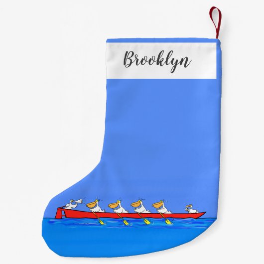 Funny pelicans rowing cartoon illustratie kleine kerstsok (Achterkant)