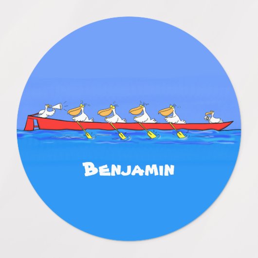 Funny pelicans rowing cartoon illustratie labels (Design 1)