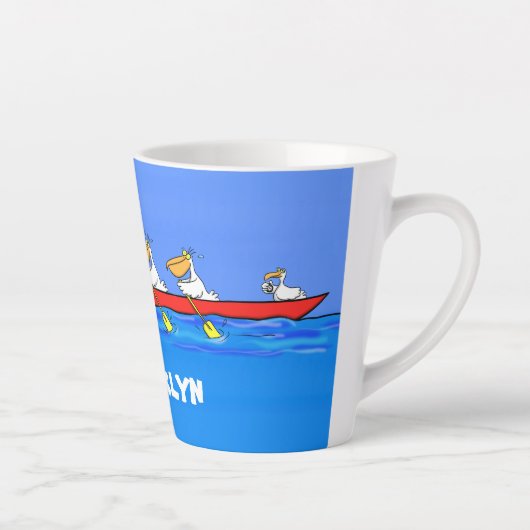 Funny pelicans rowing cartoon illustratie latte mok (Rechts)