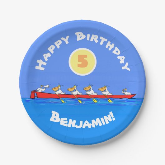 Funny pelicans rowing cartoon illustratie papieren bordje (Voorkant)