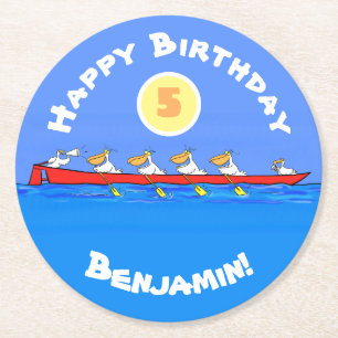 Funny pelicans rowing cartoon illustratie ronde kartonnen onderzetter