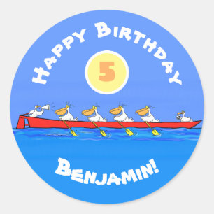 Funny pelicans rowing cartoon illustratie ronde sticker