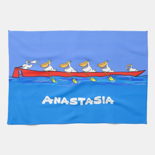 Funny pelicans rowing cartoon illustratie theedoek (Horizontaal)